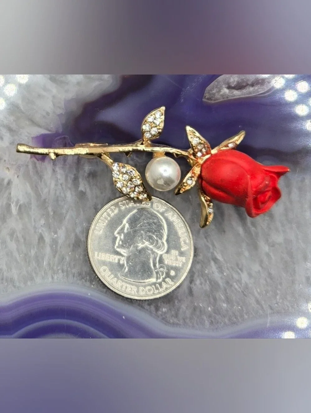 Red Rose Brooch w/ Faux Pearl & Glass Crystals Modern 2½